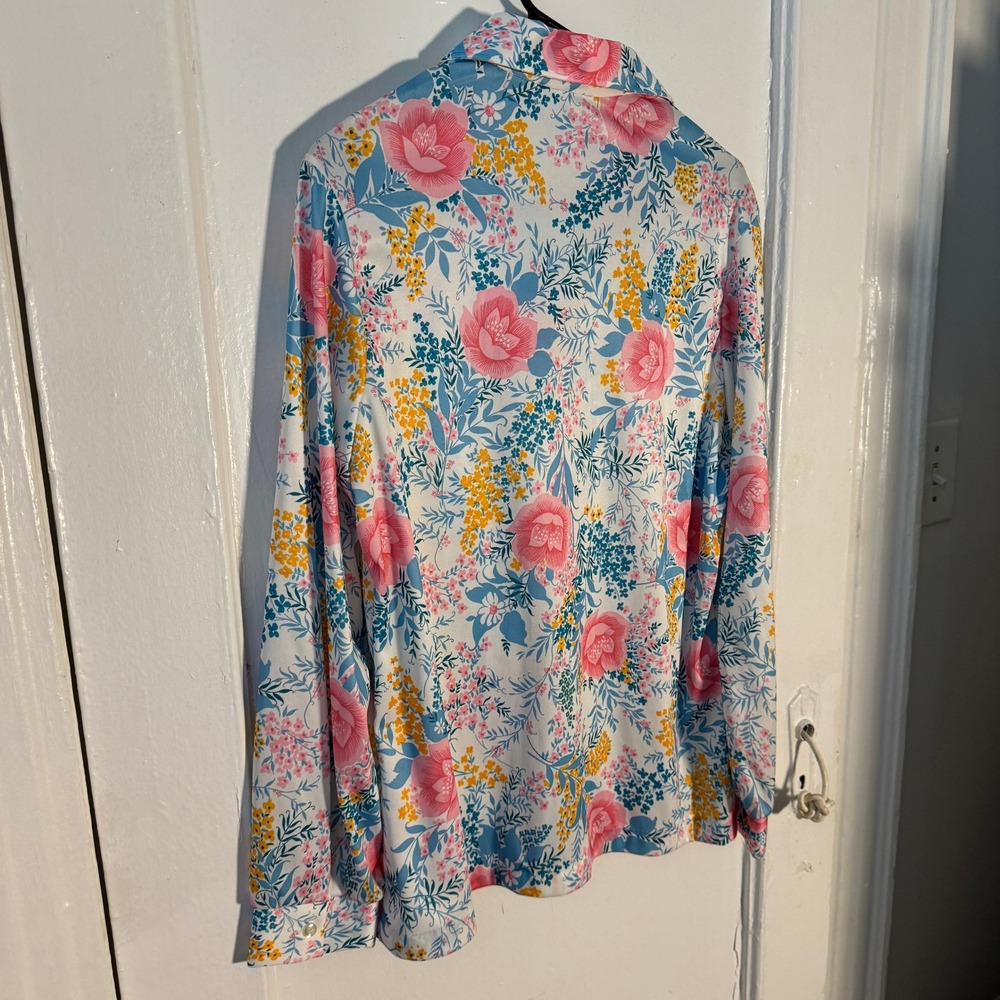 Vtg 70s Prairie Romance Floral Top Buttons Vibrant Pastel Dopamine Maximalist M - Picture 10 of 11
